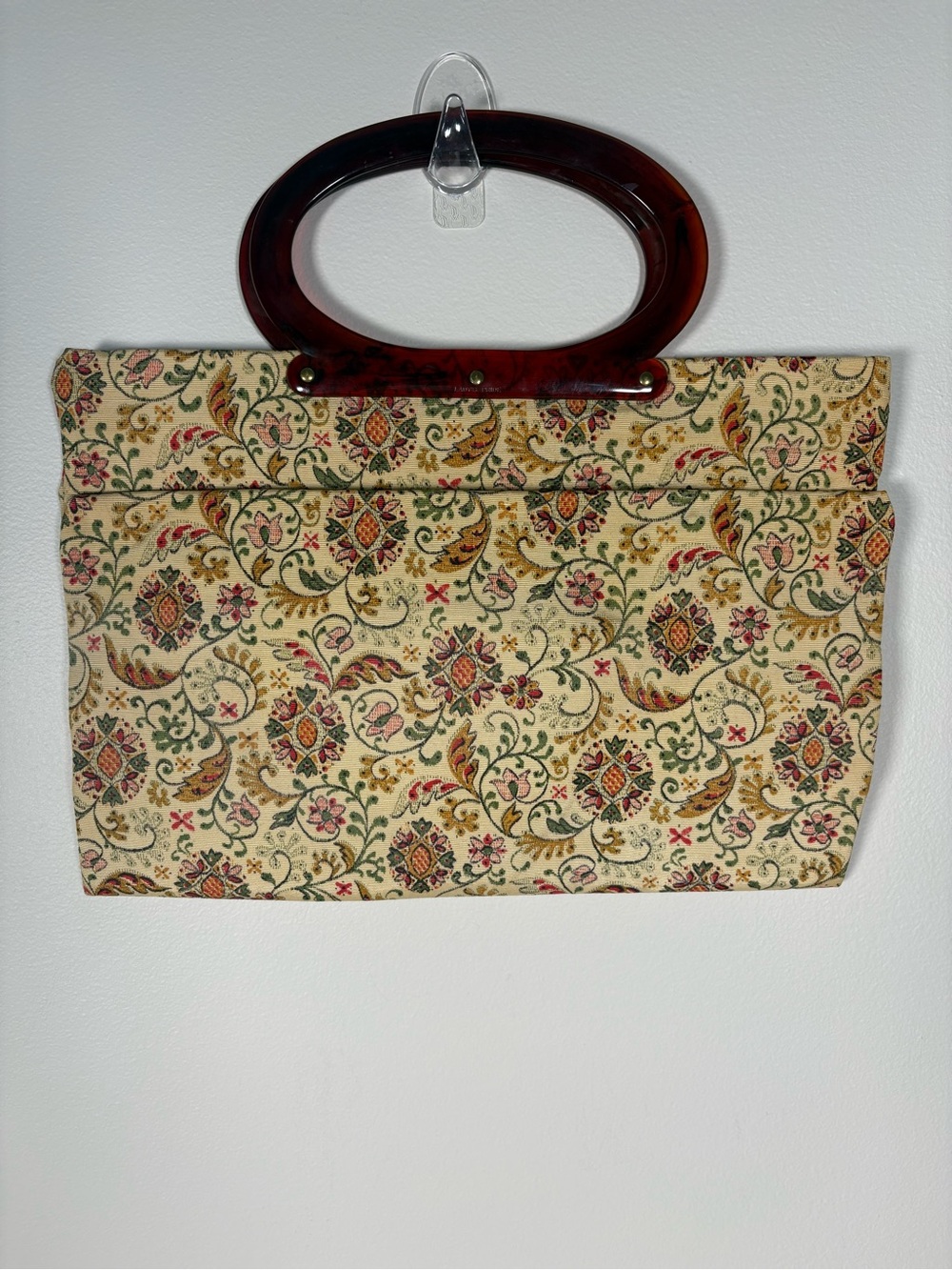 Floral Pattern Wristlet Clutch with Tortoiseshell Handle - Cream
